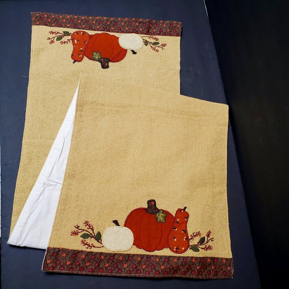 Pumpkin Harvest Table Runner, Applique, Tan Canvas, Lined, Fall Autumn Decor